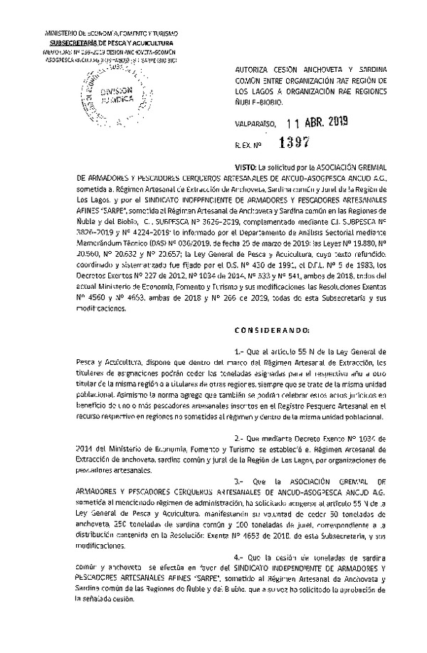 Res. Ex. N° 1397-2019 Autoriza cesión Anchoveta y Sardina común Regiones Ñuble-Biobío.