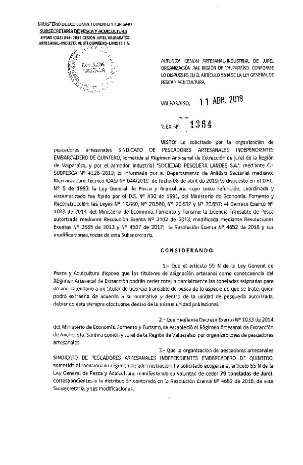 Res. Ex. N° 1364-2019 Cesión Jurel Región de Valparaíso.