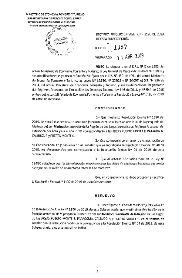 Res. Ex. N° 1357-2019 Rectifica Res. Ex. N° 1190-2019 RAE Merluza del sur.