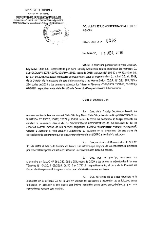 Res. Ex. N° 1398-2019 Acumula y resuelve presentaciones que se indican.