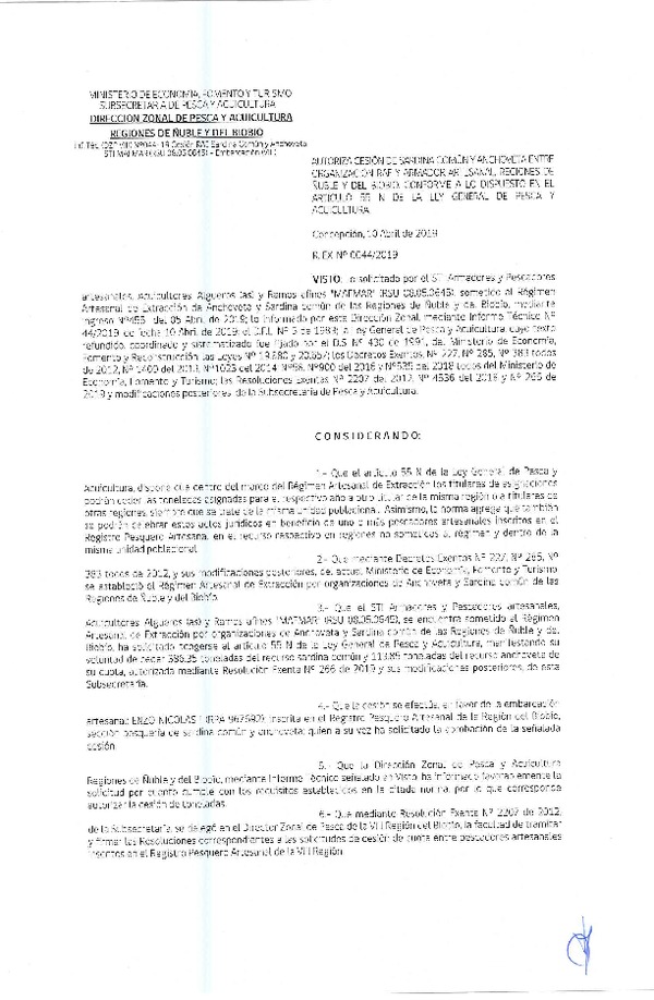 Res. Ex. N° 44-2019 (DZP VIII) Autoriza cesión Anchoveta y sardina común Regiones de Ñuble y del Biobío.