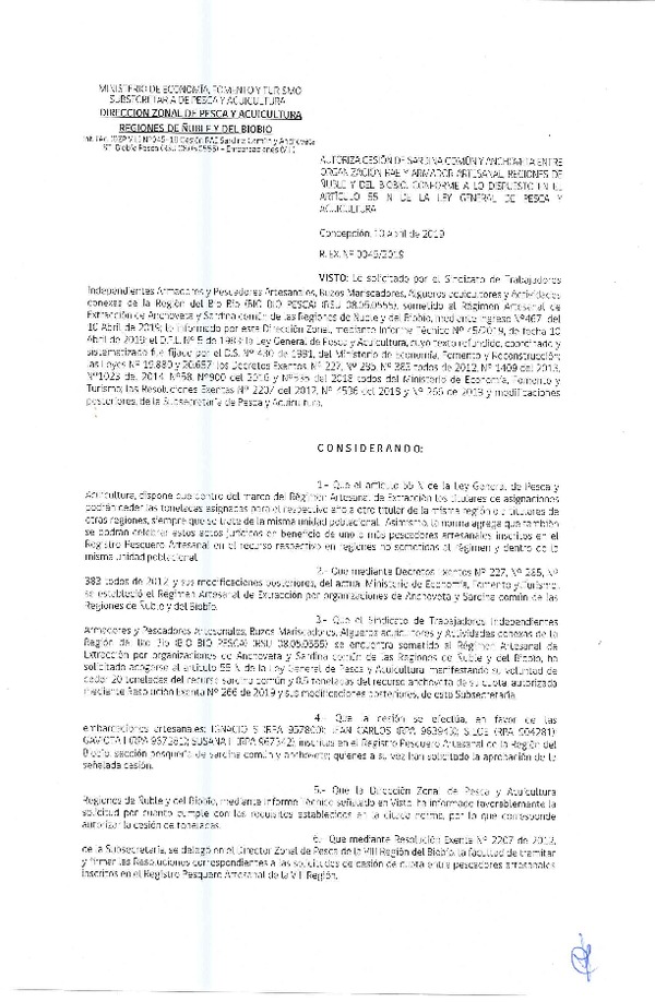 Res. Ex. N° 45-2019 (DZP VIII) Autoriza cesión Anchoveta y sardina común Regiones de Ñuble y del Biobío.