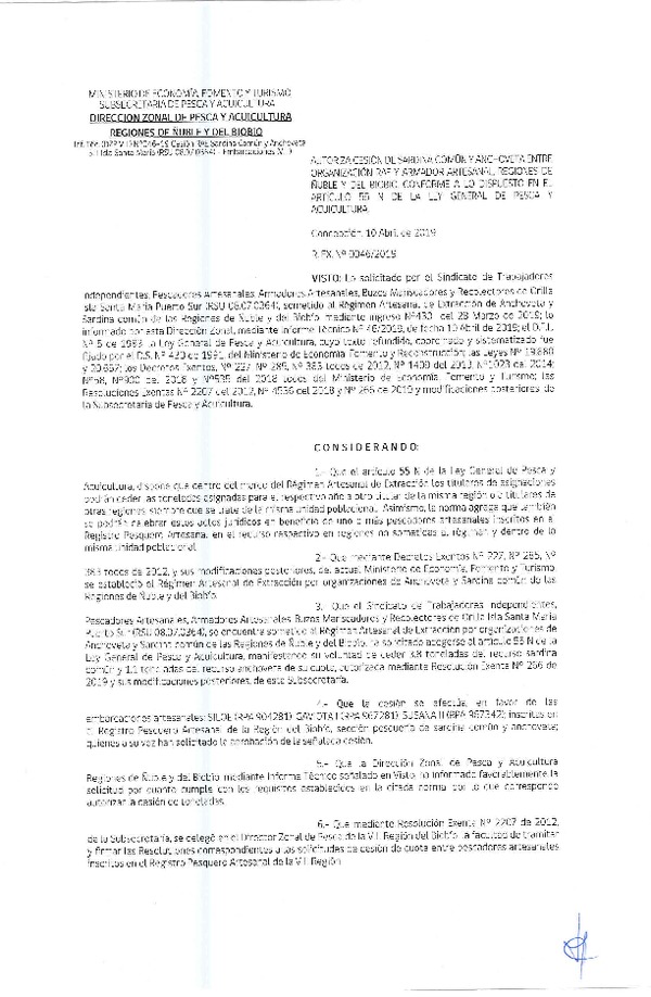 Res. Ex. N° 46-2019 (DZP VIII) Autoriza cesión Anchoveta y sardina común Regiones de Ñuble y del Biobío.