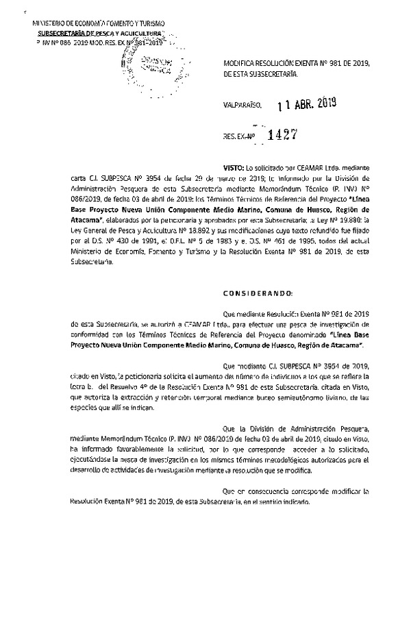 Res. Ex. N° 1427-2019 Modifica Res. Ex. N° 981-2019 Línea base proyecto Nueva Unión, Región de Atacama.