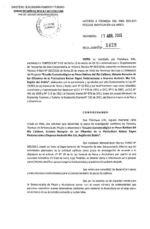 Res. Ex. N° 1429-2019 Estudio ecotoxicológico en peces nativos del Río Caliboro, Región del Biobío.