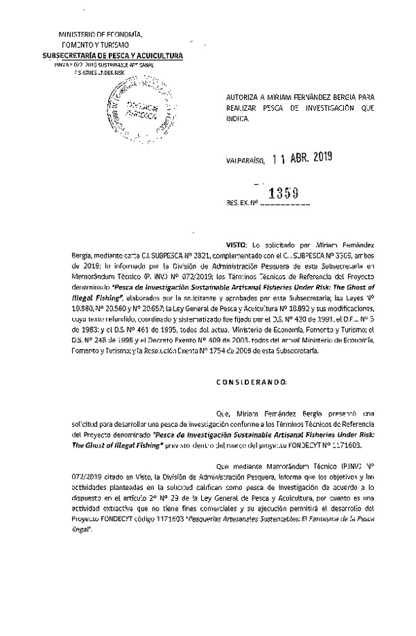 Res. Ex. N° 1359-2019 Pesca de investigación sustentable artesanal.