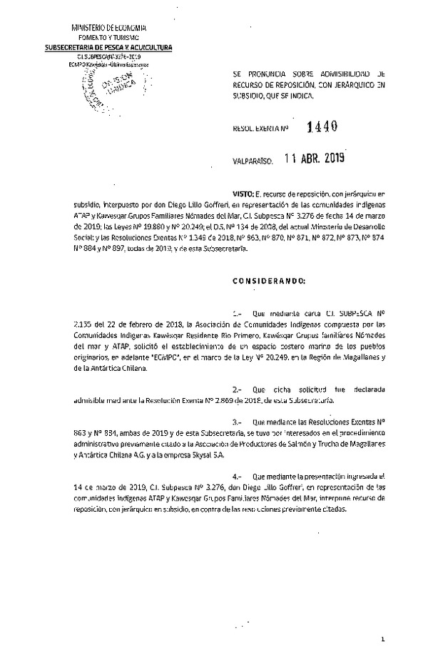 Res. Ex. N° 1440-2019 Se pronuncia sobre admisibilidad de recurso de reposición.