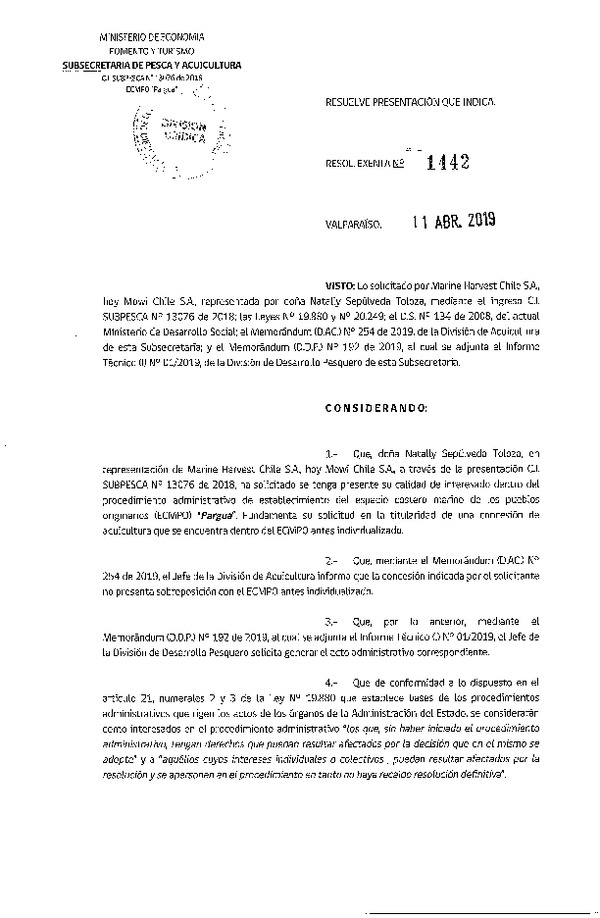 Res. Ex. N° 1442-2019 Resuelve presentación que indica ECMPO Pargua.