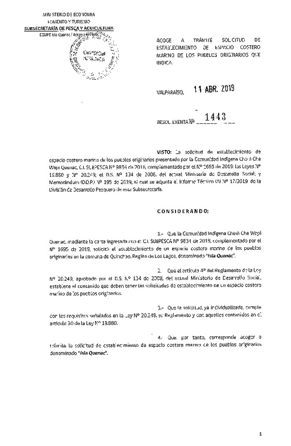 Res. Ex. N° 1443-2019 Acoge a trámite solicitud de establecimiento ECMPO Isla Quenac.