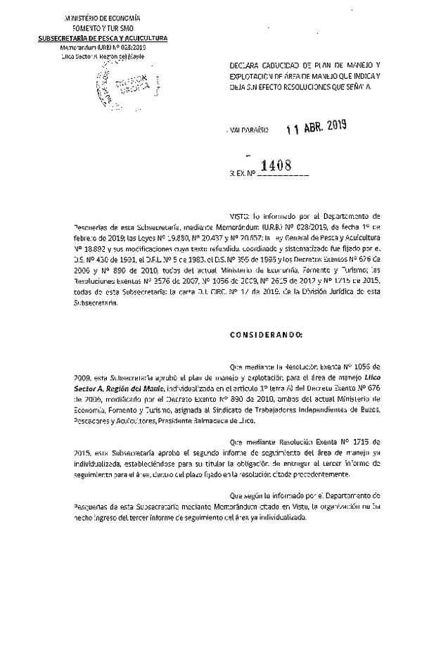 Res. Ex. N° 1408-2019 Declara caducidad de plan de manejo y deja sin efecto Resoluciones que señala.