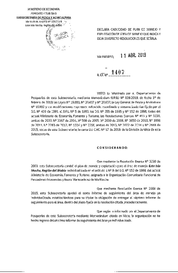 Res. Ex. N° 1407-2019 Declara caducidad de plan de manejo y deja sin efecto resoluciones que señala.