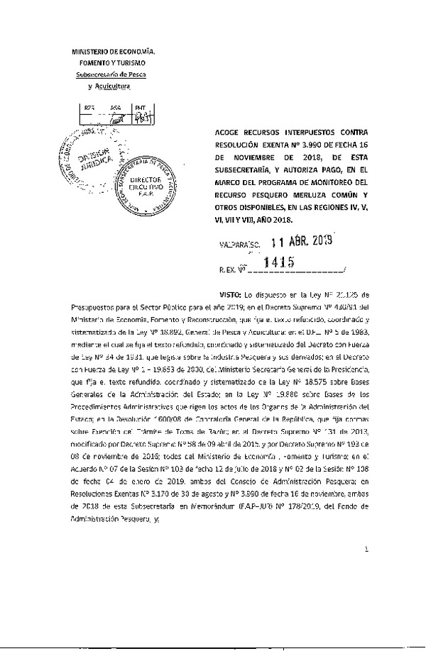 Res. Ex. N° 1415-2019 Acoge recursos interpuestos contra Res. Ex. N° 3990-2018 Programa de monitoreo del recurso pesquero merluza común. (Publicado en Página Web 15-04-2019)