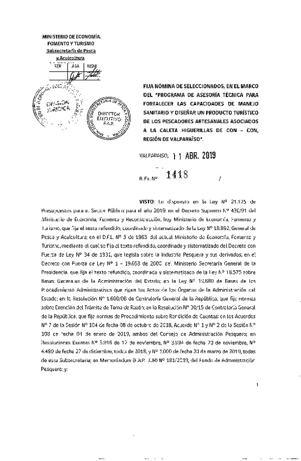 Res. Ex. N° 1418-2019 Fija nómina de seleccionados, en el marco del programa de asesoría técnica para fortalecer las capacidades de manejo sanitario.