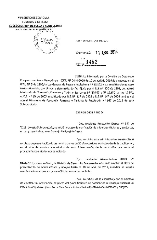 Res. Ex. N° 1452-2019 Amplia Plazo Res. Ex. N° 957-2019 Inicia Proceso de Nominación de los Miembros Titulares y Suplentes en el Consejo Nacional de Pesca y Cargos que se Indican. (Publicado en Página Web 15-04-2019)