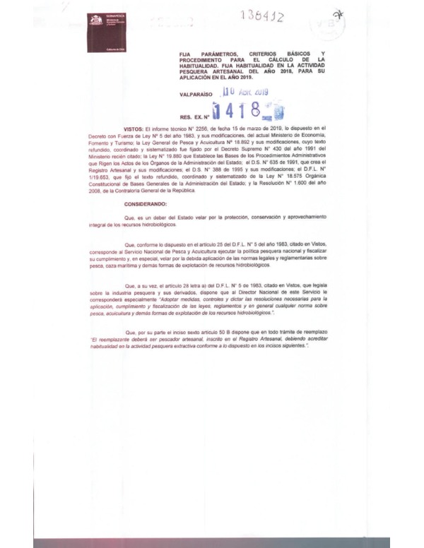 Res. Ex. N° 1418-2019 (Sernapesca) Fija Parámetros Criterios Básicos y Procedimiento para el Cálculo de la Habitualidad. (Publicado en Página Web 15-04-2019)