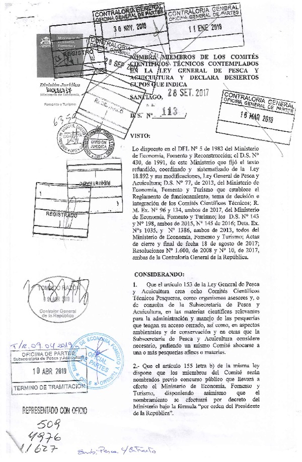 Dec. Ex. N° 113-2017 Nombra Miembros de los Comités Científicos Técnicos Contemplados en la LGPA y Declara Desiertos Cupos que Indica. (Publicado en Página Web 16-04-2019) (F.D.O. 17-04-2019)