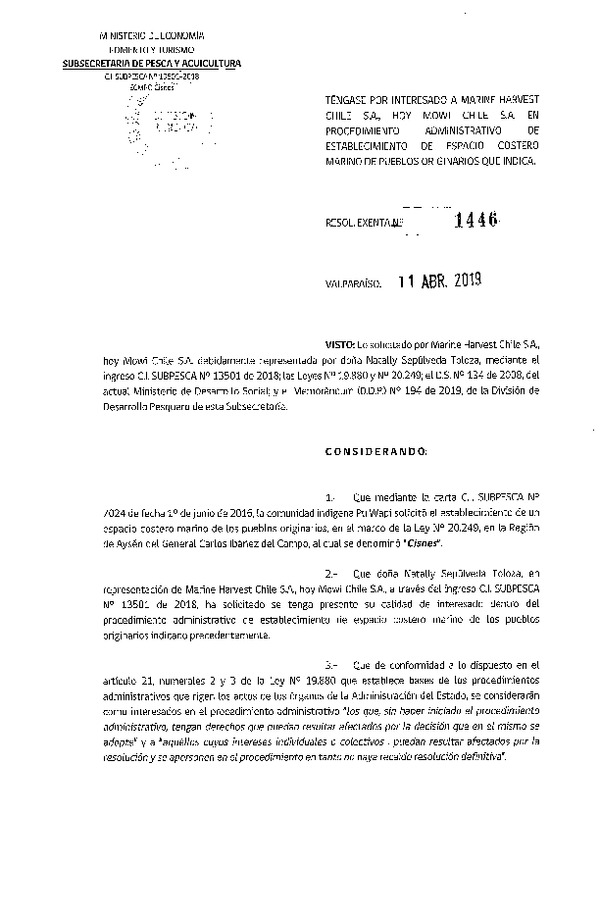 Res. Ex. N° 1446-2019 Téngase por interesado a Marine Harvest Chile S.A. en procedimiento administrativo de ECMPO.