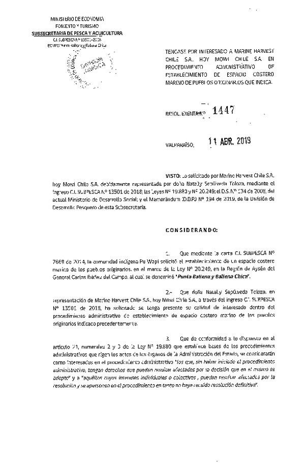 Res. Ex. N° 1447-2019 Téngase por interesado a Marine Harvest Chile S.A. en procedimiento administrativo de ECMPO.