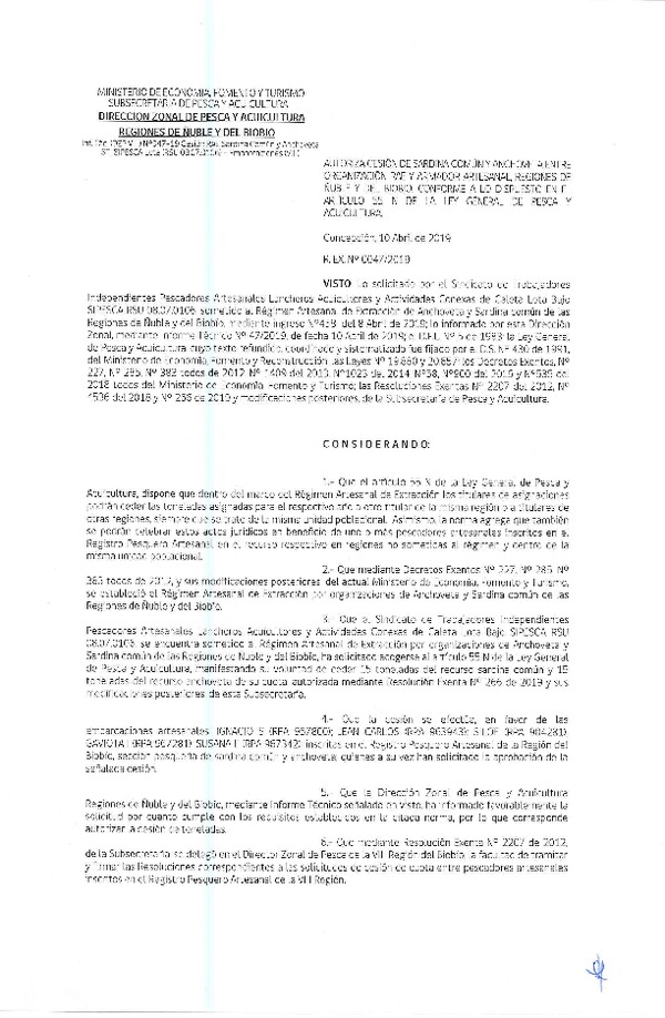 Res. Ex. N° 47-2019 (DZP VIII) Autoriza cesión Anchoveta y sardina común Regiones de Ñuble y del Biobío.