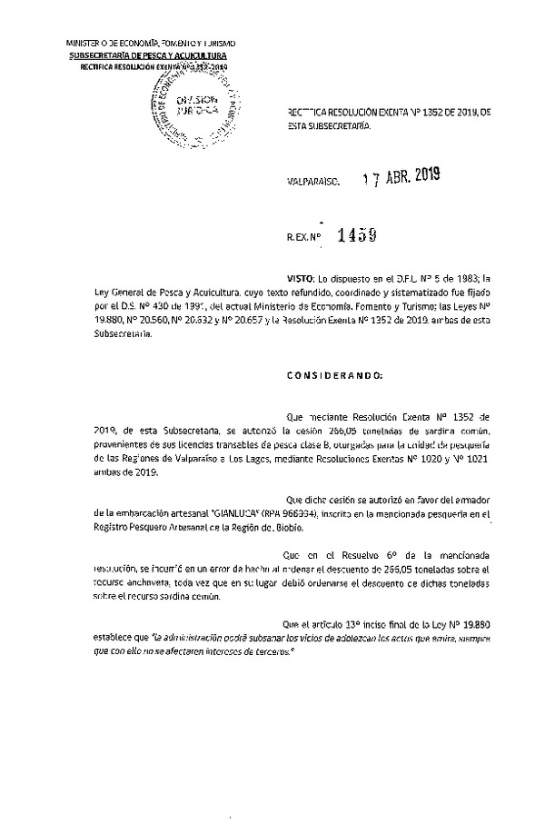 Res. Ex. N° 1459-2019 Rectifica Res. Ex. N° 1352-2019 Autoriza cesión pesquería Sardina común, Regiones de Valparaíso a Los Lagos.