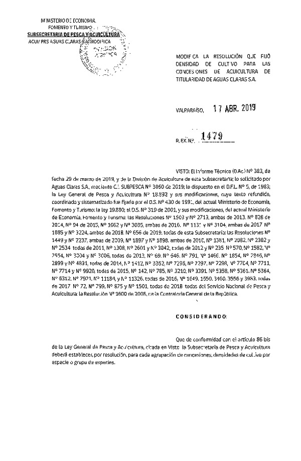 Res. Ex. N° 1479-2019 Modifica Res. Ex. N° 656-2019 Fija Densidad de Cultivo para las Concesiones de Titularidad. (Con Informe Técnico) (Publicado en Página Web 17-04-2019)