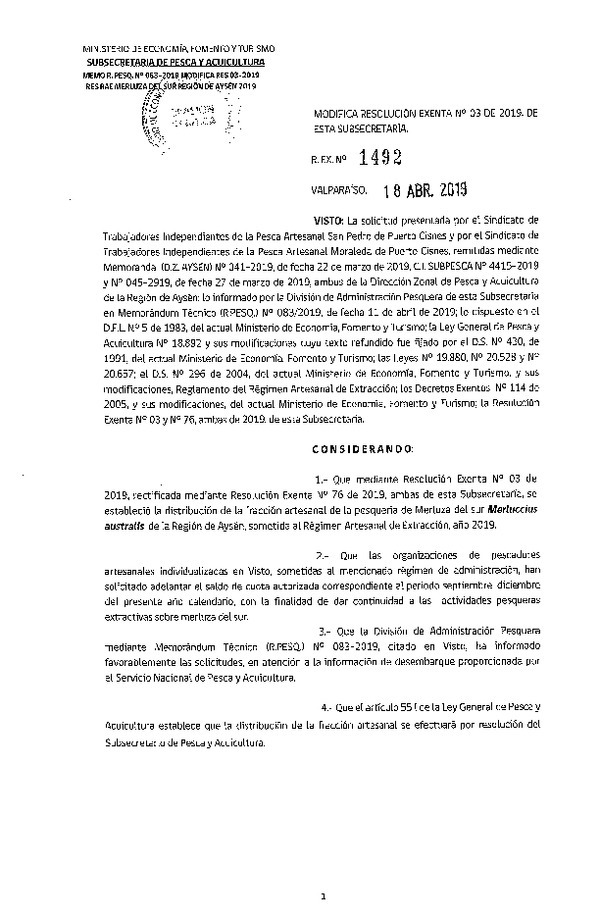 Res. Ex. N° 1492-2019 Modifica Res. Ex. N° 3-2019 Distribución de la Fracción Artesanal de Pesquería de Merluza del Sur por Organización, Región de Aysén, año 2019. (Publicado en Página Web 18-04-2019)