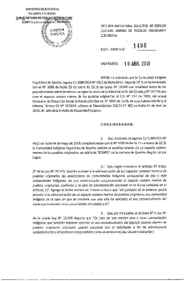 Res. Ex. N° 1496-2019 Declara inadmisible solicitud de ECMPO que indica. (Publicado en Página Web 22-04-2019)