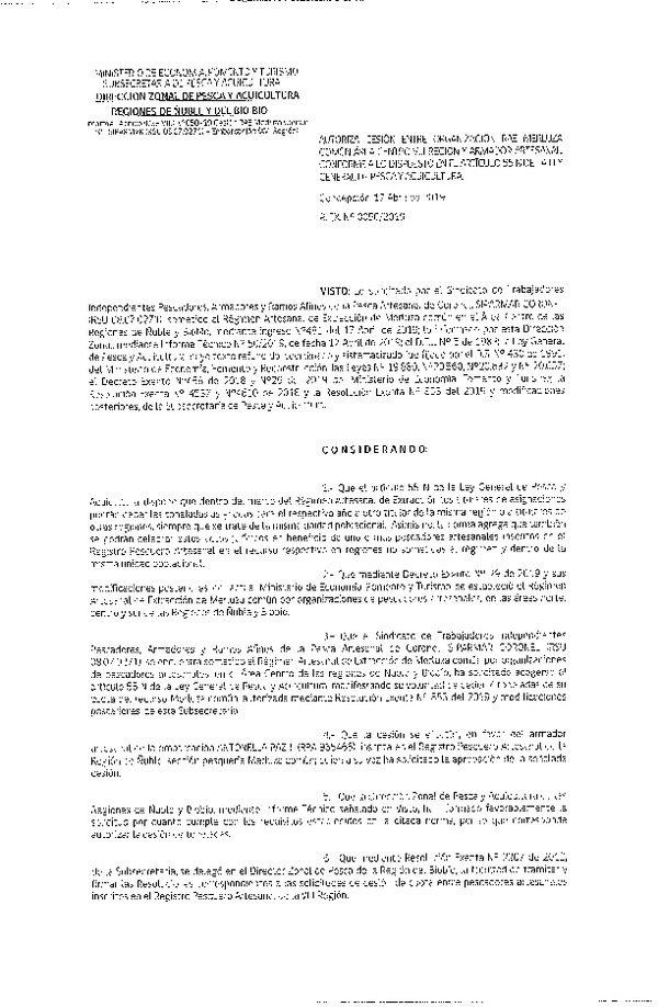 Res. Ex. N° 50-2019 (DZP VIII) Autoriza cesión Merluza común Regiones de Ñuble y del Biobío.