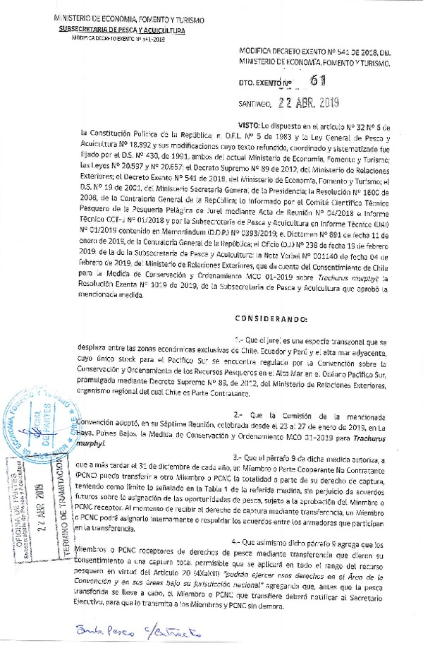 Dec. Ex. N° 61-2019 Modifica Dec. Ex. N° 541-2018 Establece Cuota Anual de Captura Recurso Jurel Sometidas a Licencias Transables de Pesca, Año 2019. (Publicado en Página Web 23-04-2019) (F.D.O. 26-04-2019)