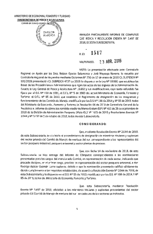 Res. Ex. N° 1517-2019 Invalida Parcialmente Informe de Computos que Indica y Res. Ex. N° 3497-2018, Comité de Manejo Merluza del Sur. (Publicado en Página Web 23-04-2019) (F.D.O. 30-04-2019)