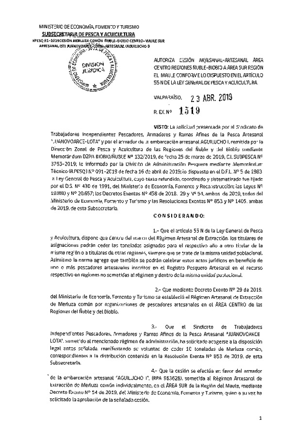 Res. Ex. N° 1519-2018 Autoriza cesión Merluza común Regiones Ñuble - Biobío. a Región del Maule.