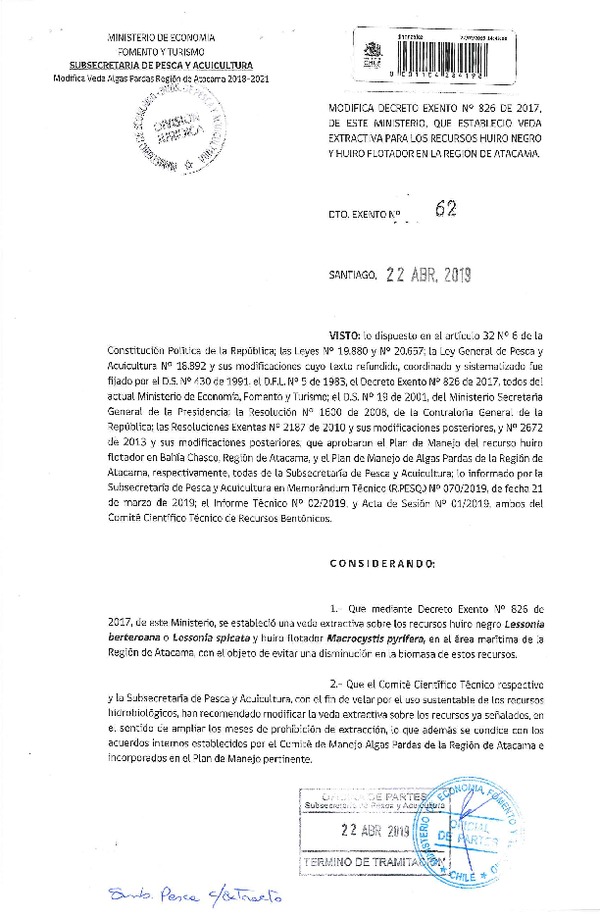 Dec. Ex. N° 62-2019 Modifica Dec. Ex. N° 826-2017 Establece Veda Extractiva Recursos Huiro Negro y Huiro Flotador, Región de Atacama. (Publicado en Página Web 23-04-2019) (F.D.O. 29-04-2019)