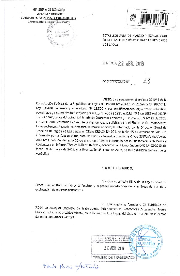 Dec. Ex. N° 63-2019 Establece Área de Manejo Chaicas Sector C, Región de Los Lagos. (Publicado en Página Web 24-04-2019) (F.D.O. 29-04-2019)