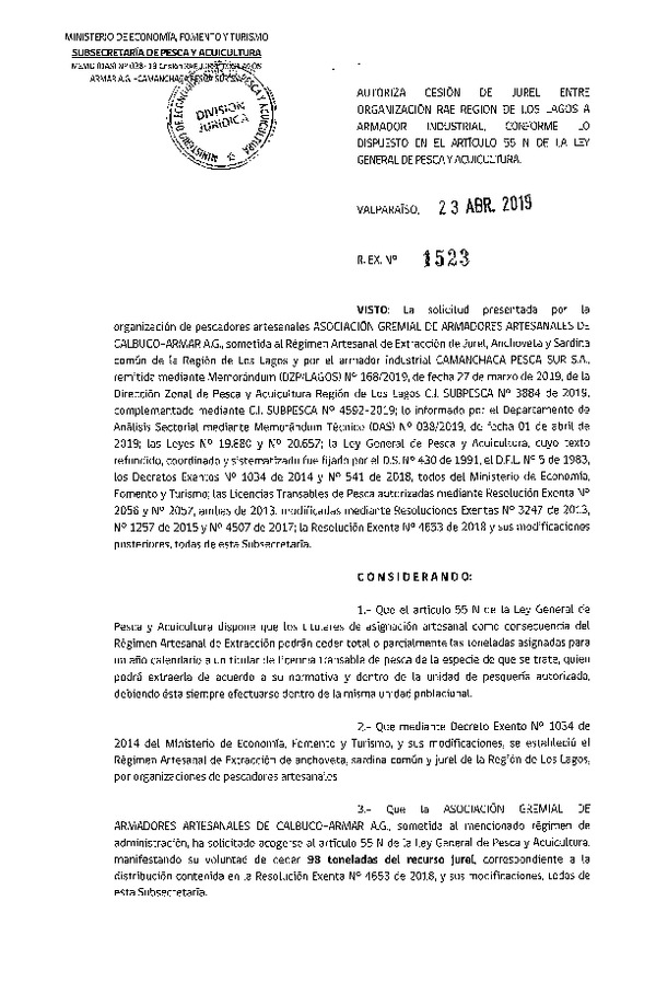 Res. Ex. N° 1523-2019 Autoriza cesión jurel Región de Los Lagos.