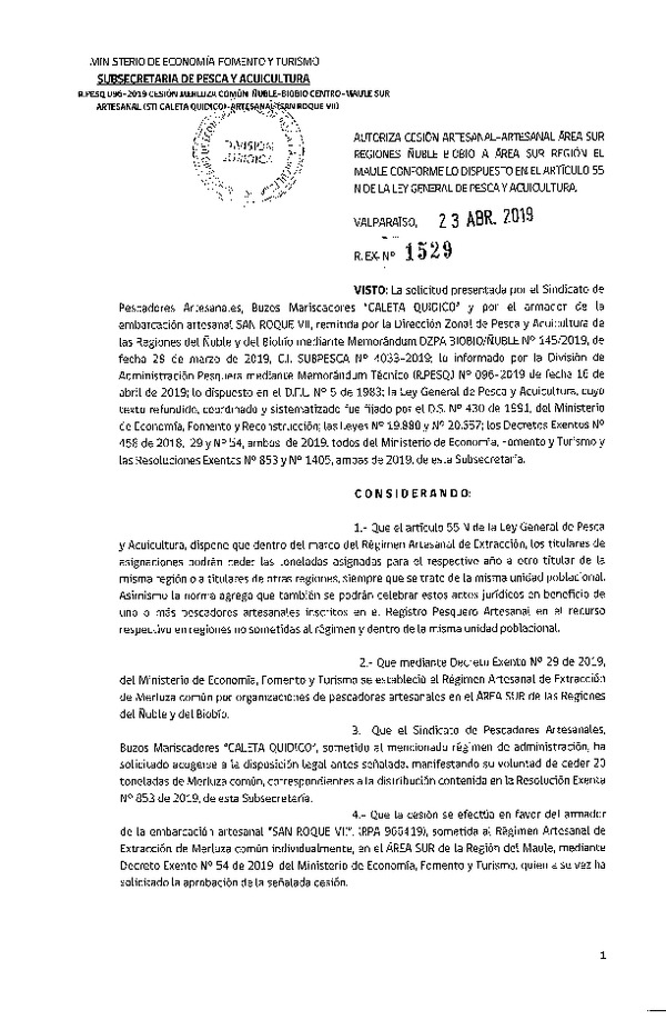 Res. Ex. N° 1529-2018 Autoriza cesión Merluza común Regiones Ñuble - Biobío. a Región del Maule.