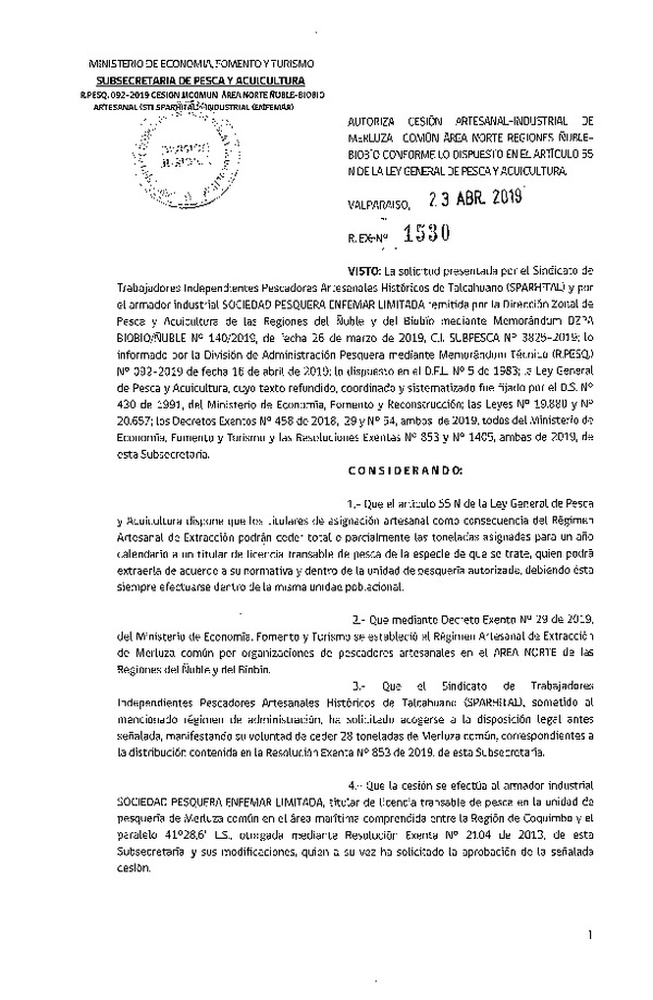 Res. Ex. N° 1530-2019 Autoriza cesión Merluza común Región del Biobío.
