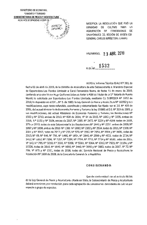 Res. Ex. N° 1532-2019 Modifica Res. Ex. N° 2472-2018 Fija Densidad de Cultivo para la Agrupación de Concesiones de Salmónidos 32 Región de Aysén (Con Informe Técnico) (Publicado en Página Web 24-04-2019) (F.D.O. 30-04-2019)