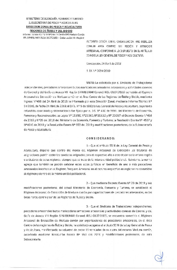 Res. Ex. N° 54-2019 (DZP VIII) Autoriza cesión Merluza común Regiones de Ñuble y del Biobío.