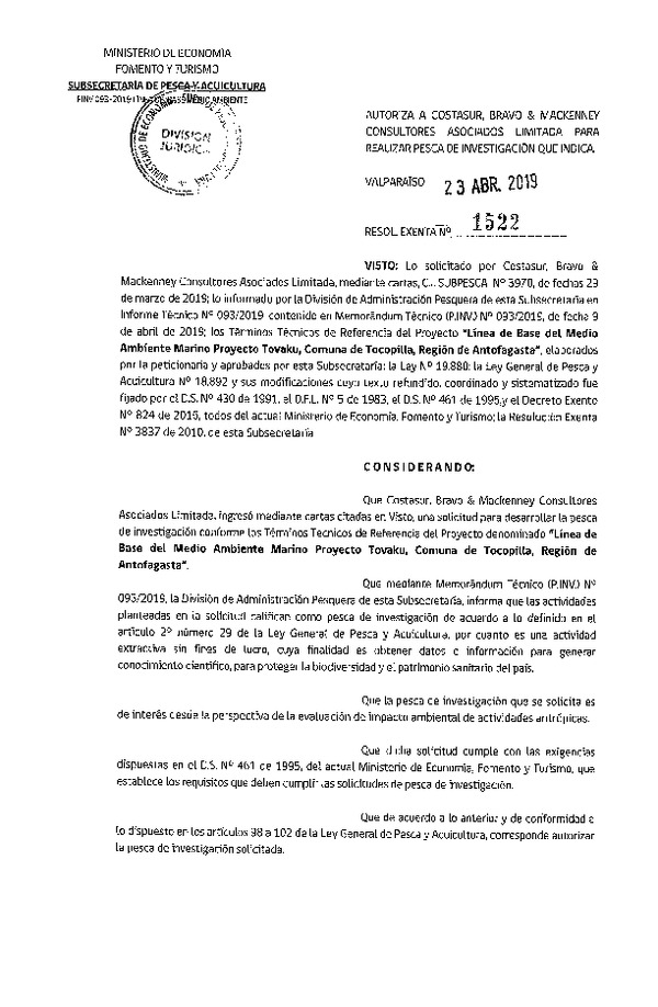 Res. Ex. N° 1522-2019 Línea de base medio ambiente marino.