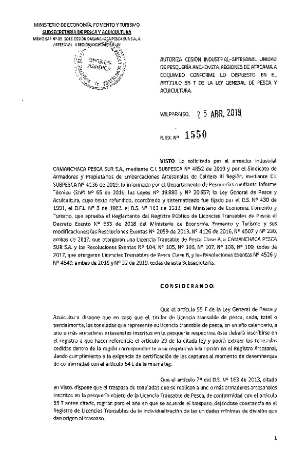 Res. Ex. N° 1550-2019 Autoriza cesión pesquería Anchoveta, Regiones de Atacama a Coquimbo.