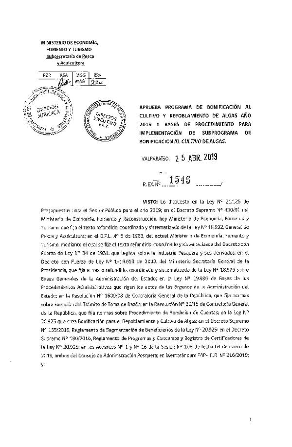 Res. Ex. N° 1545-2019 Aprueba programa de bonificación al cultivo y repoblamiento de algas año 2019 y bases de procedimiento para implementación de subprograma de bonificación al cultivo de algas. (Publicado en Página Web 25-04-2019)