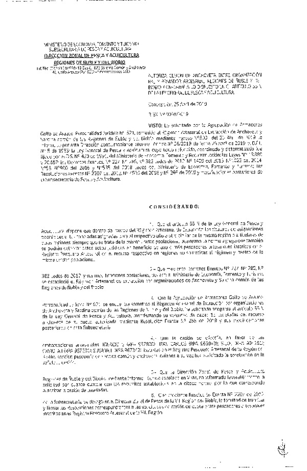 Res. Ex. N° 58-2019 (DZP VIII) Autoriza cesión anchoveta Regiones de Ñuble y del Biobío.