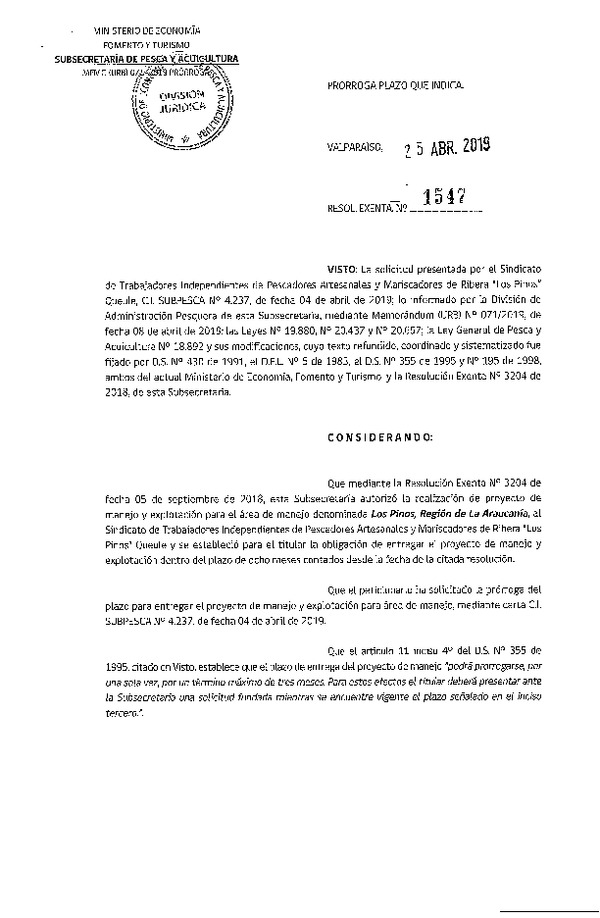 Res. Ex. N° 1547-2019 Prorroga Plan de Manejo.