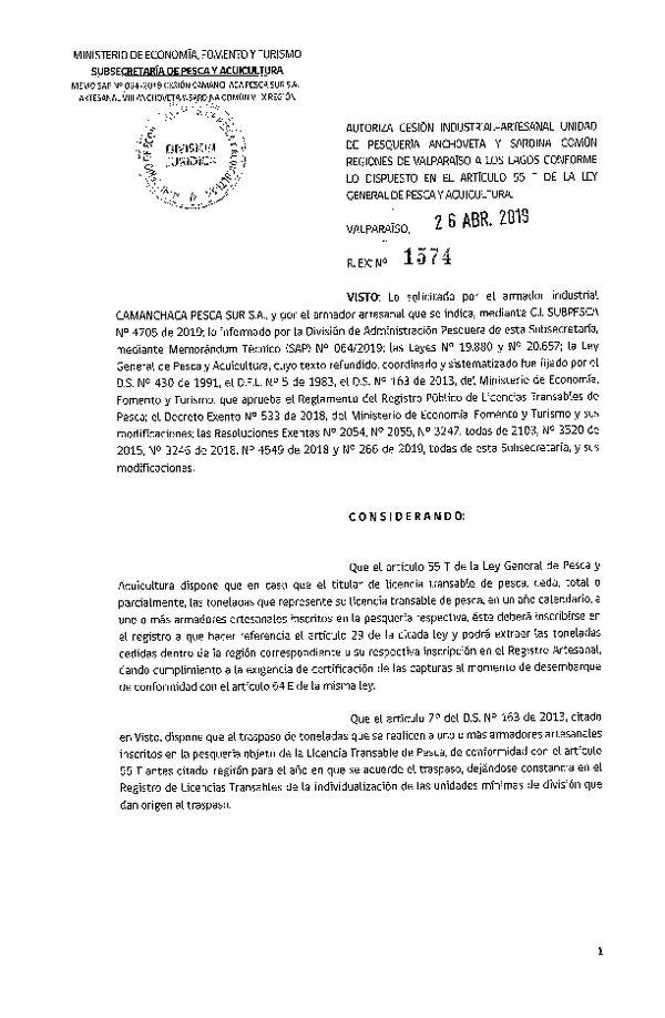 Res. Ex. N° 1574-2019 Autoriza cesión pesquería Anchoveta y Sardina común, Regiones de Valparaíso a Los Lagos.