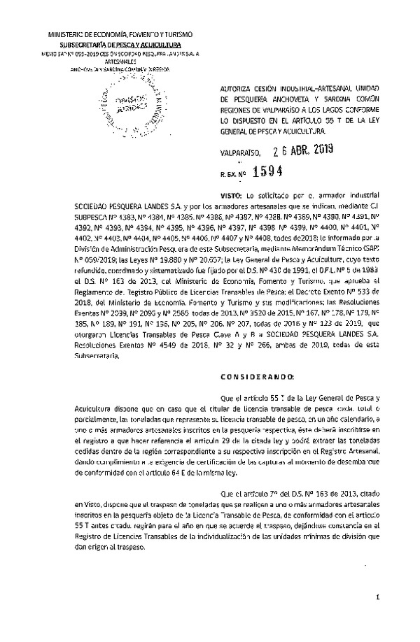 Res. Ex. N° 1594-2019 Autoriza cesión pesquería Anchoveta y Sardina común, Regiones de Valparaíso a Los Lagos.