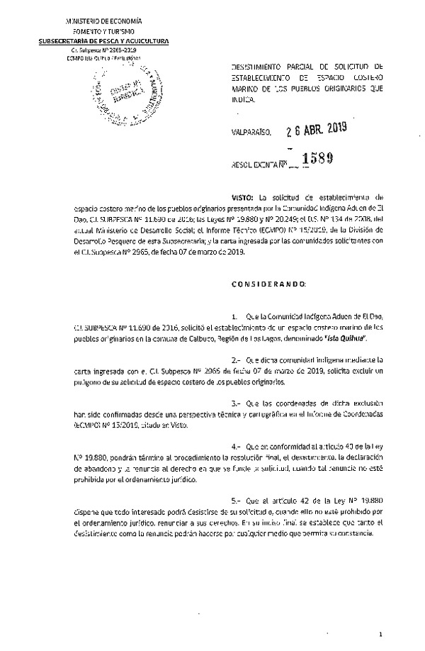 Res. Ex. N° 1589-2019 Desistimiento parcial de solicitud de establecimiento ECMPO Isla Quihua. (Publicado en Página Web 26-04-2019)