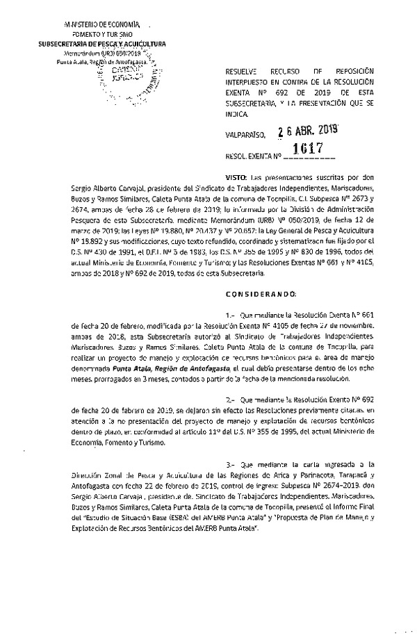 Res. Ex. N° 1617-2019 Resuelve recurso de reposición en contra de la Res. Ex. N° 692-2019. (Publicado en Página Web 26-04-2019) (F.D.O. 04-05-2019)