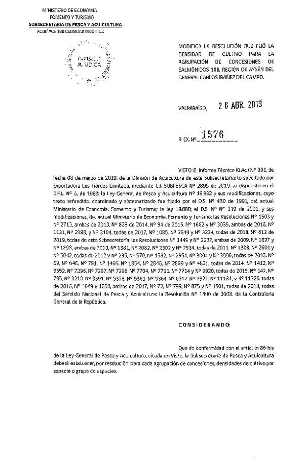 Res. Ex. N° 1576-2019 Modifica Res. Ex. N° 2549-2018 Fija Densidad de Cultivo para la Agrupación de Concesiones de Salmónidos 18B, Región de Aysén del General Carlos Ibañez del Campo (Con Informe Técnico) (Publicado en Página Web 29-04-2019) (F.D.O. 04-05-2019)