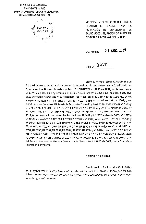 Res. Ex. N° 1576-2019 Modifica Res. Ex. N° 2549-2018 Fija Densidad de Cultivo para la Agrupación de Concesiones de Salmónidos 18B, Región de Aysén del General Carlos Ibañez del Campo (Con Informe Técnico) (Publicado en Página Web 29-04-2019) (F.D.O. 04-05-2019)