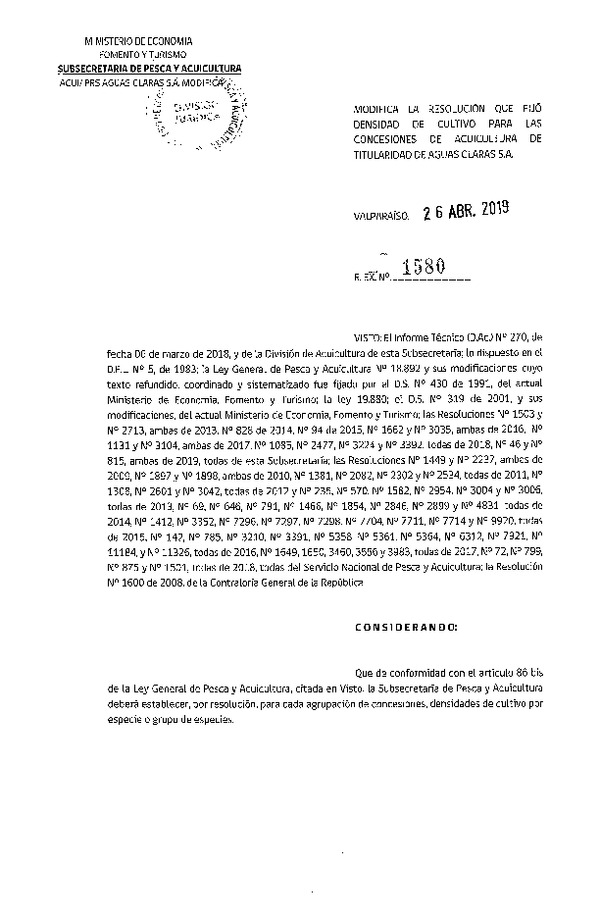 Res. Ex. N° 1580-2019 Modifica Res. Ex. N° 2477-2018 Fija Densidad de Cultivo para las Concesiones de Acuicultura de Titularidad de Aguas Claras S.A. (Con Informe Técnico). (Publicado en Página Web 29-04-2019)